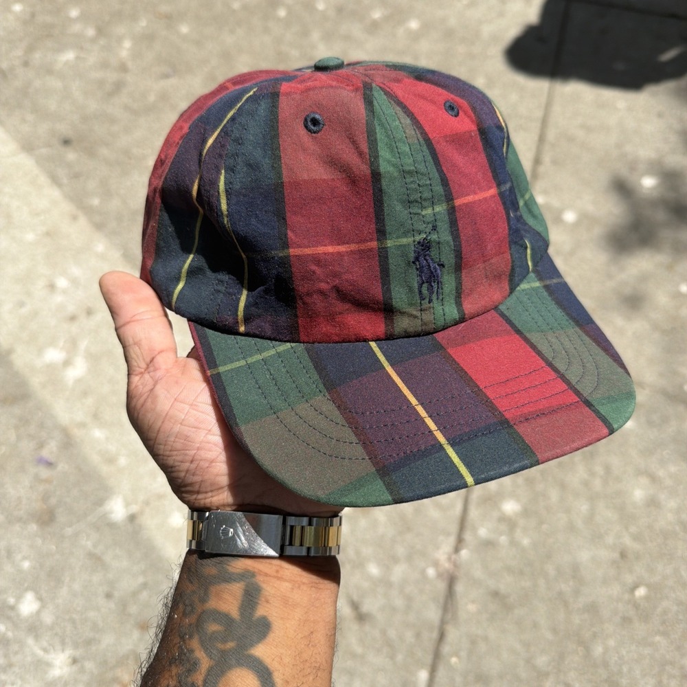 VINTAGE Polo RALPH LAUREN Hat Cap Strap Back Madras Tartan Plaid Mens